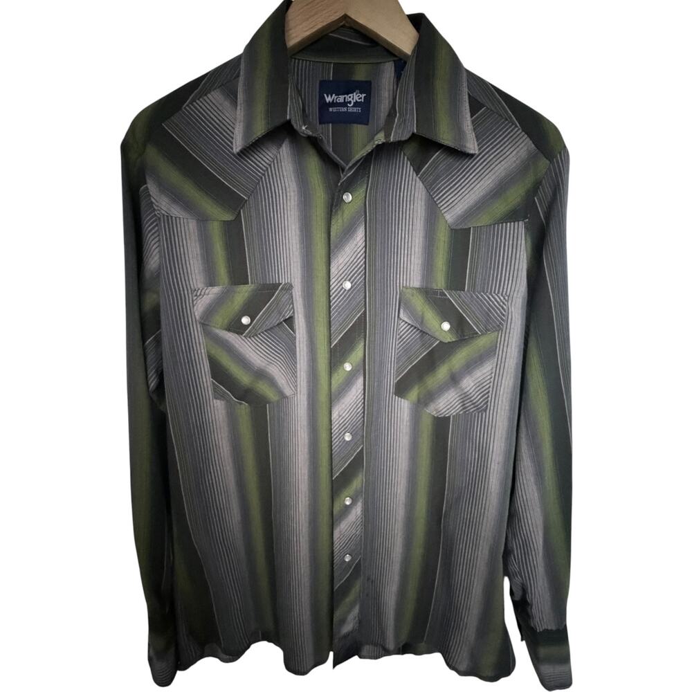 Wrangler Western Shirt Mens Medium Green Gray Pearl Snap Long Sleeve Cowboy